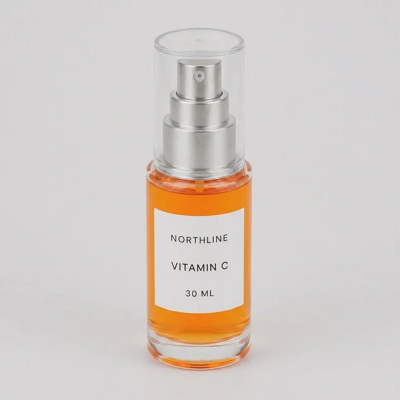 AI-generated high three-quarter angle candidate of the fictional NORTHLINE serum bottle
