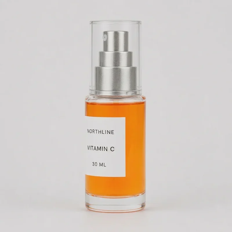 AI-generated camera-left angle candidate of the fictional NORTHLINE serum bottle