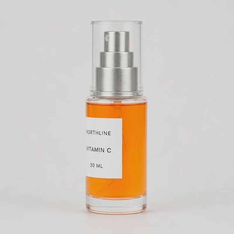 AI-generated camera-right angle candidate of the fictional NORTHLINE serum bottle