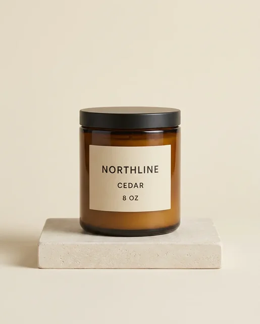 Generated NORTHLINE Cedar candle catalog-secondary candidate on a pale limestone plinth