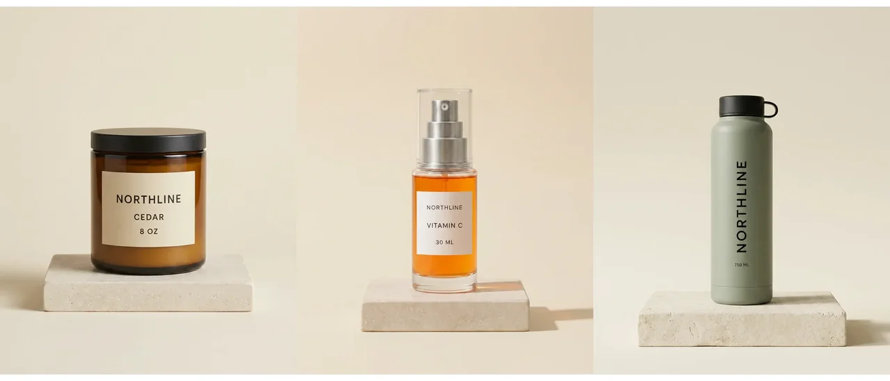 Three generated NORTHLINE catalog-secondary candidates showing visible differences in plinth, product scale, position, background warmth, and shadow