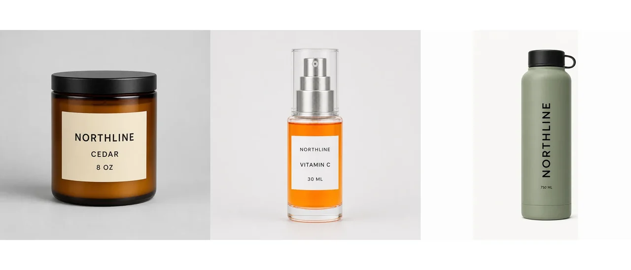 Three approved fictional NORTHLINE source products: amber candle, orange Vitamin C serum, and sage water bottle