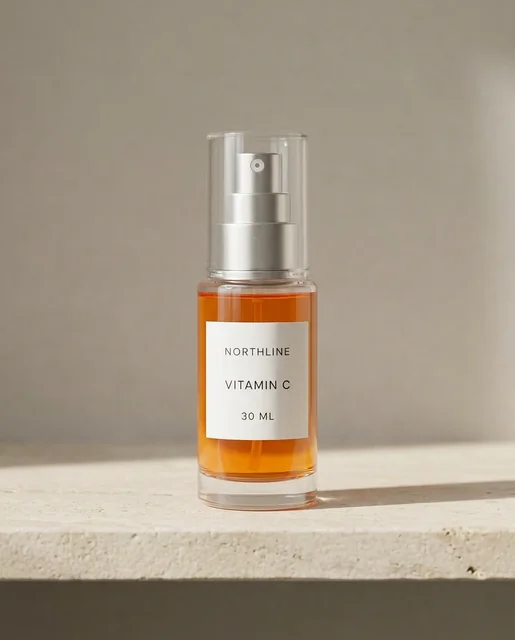 First returned lifestyle-secondary image of the fictional NORTHLINE bottle on pale limestone