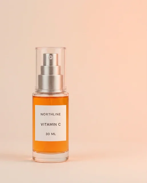 First returned paid-social product image with the fictional NORTHLINE bottle at left and empty copy space at right
