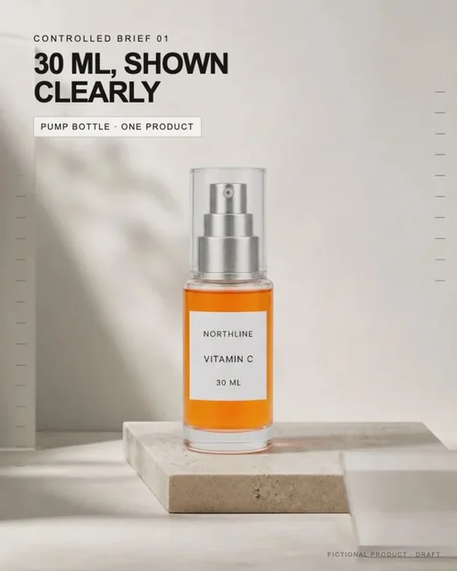 Fictional NORTHLINE product-clarity ad draft with deterministic 30 ML shown clearly and pump bottle one product copy
