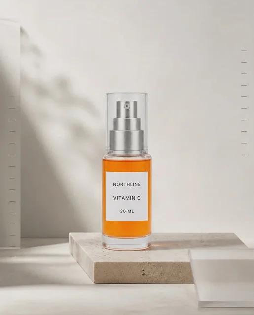 Textless AI-generated NORTHLINE serum visual with one 30 ML pump bottle shown large on a neutral limestone inspection set