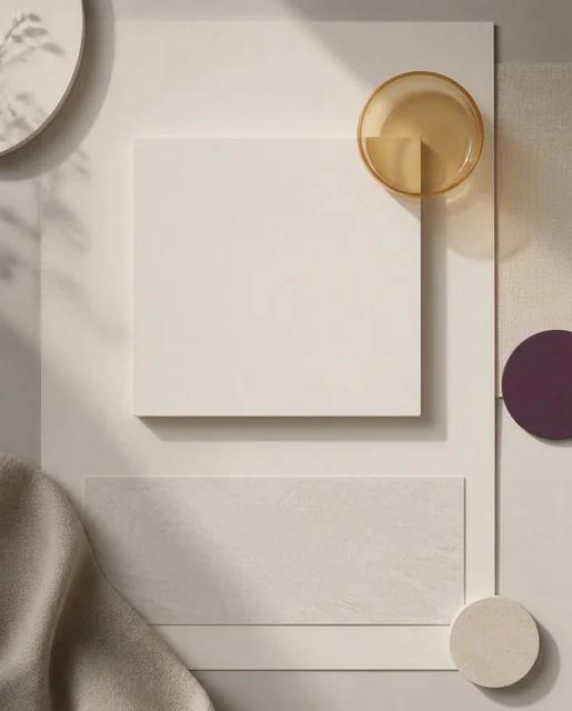 Textless warm ivory and pale stone product-ad background with empty product and offer zones