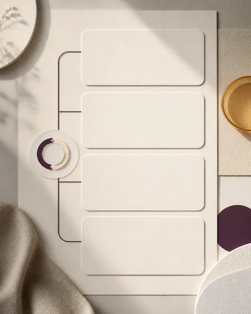 Textless warm ivory ecommerce evidence-board reference with four blank panels, amber glass, aubergine accent, and recurring-cycle motif