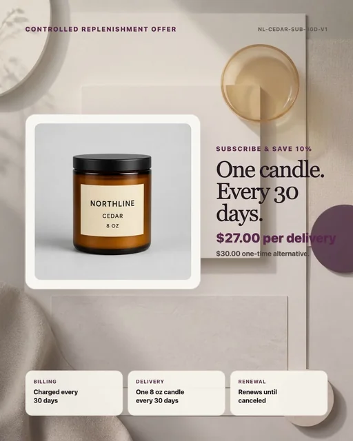 Controlled NORTHLINE subscription creative showing the approved candle with deterministic 27 dollar price, 30-day billing, delivery, and renewal terms