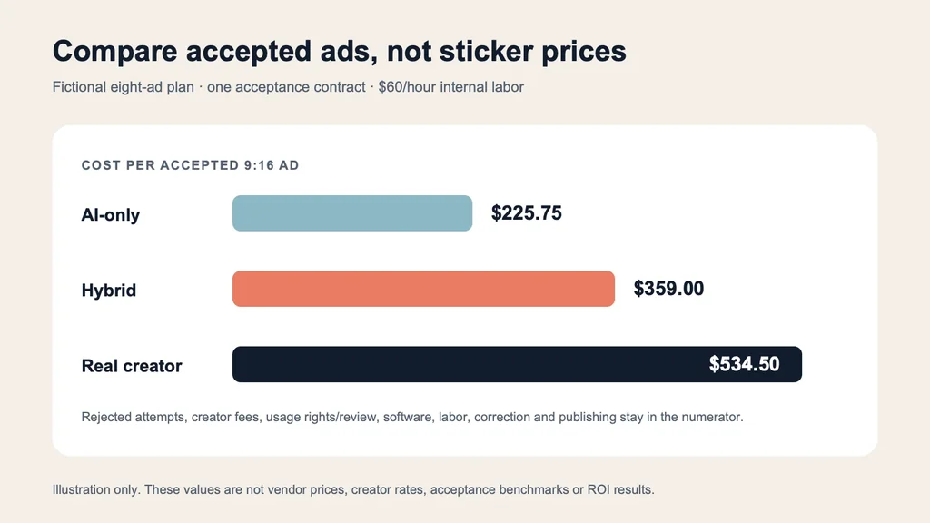 Fictional comparison of AI-only, hybrid, and real-creator cost per accepted UGC ad