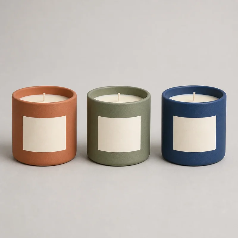 Approved fictional source sheet with terracotta, moss, and cobalt ceramic candle jars in one row