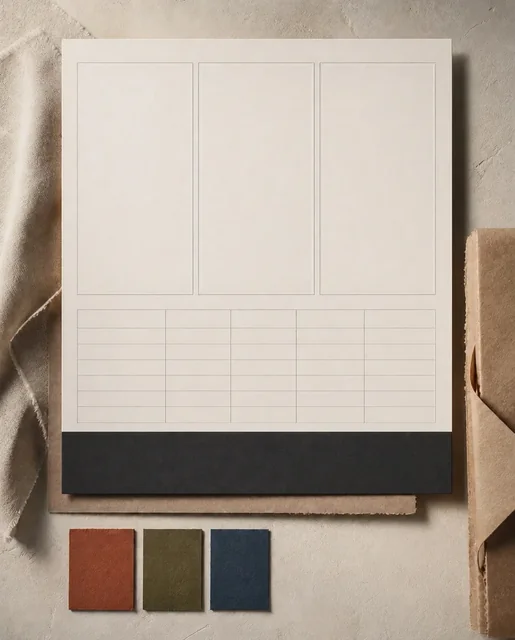 Textless warm ivory wholesale background with three empty panels, a blank grid, and a charcoal footer