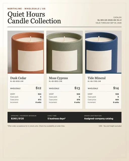 Controlled NORTHLINE wholesale line sheet with three candle products and deterministic prices, SKUs, case packs, and shared terms
