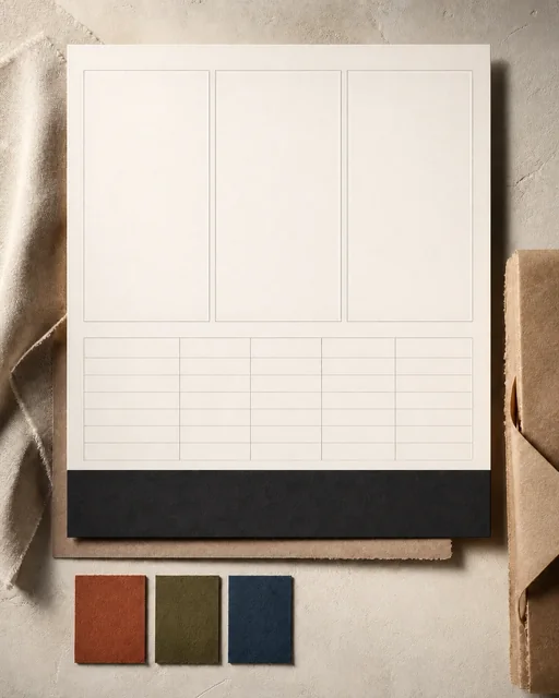 Textless wholesale line-sheet style board with three empty product windows, a blank grid, and a dark order band