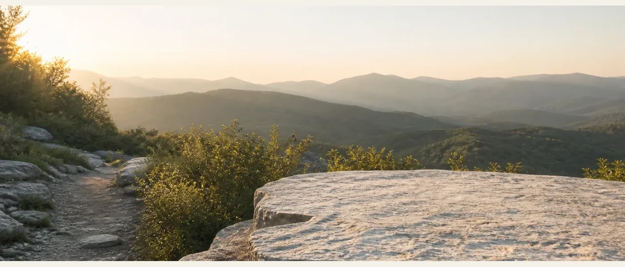 Generated empty sunrise trail background with a clear foreground stone surface and no product or text
