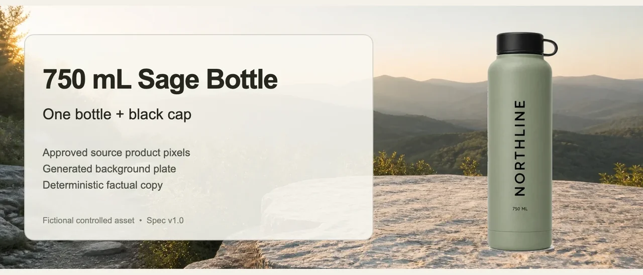Premium Amazon A plus module demonstration with approved NORTHLINE bottle pixels, generated trail scene, and controlled factual copy