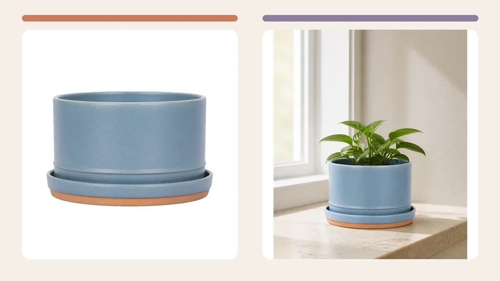 Controlled blue planter source on white beside a newly generated planter-in-use lifestyle candidate