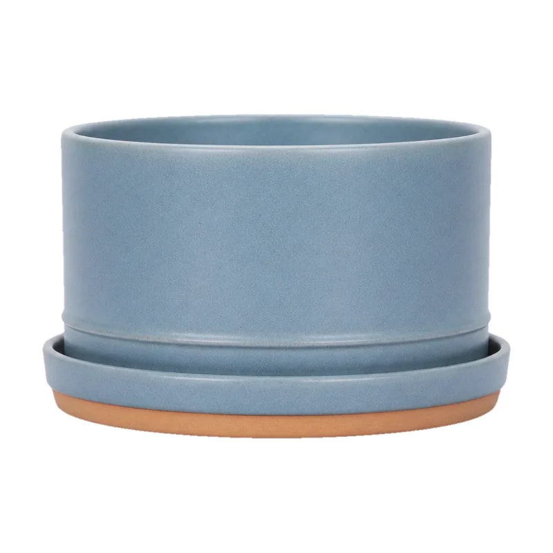 Fictional blue ceramic planter composited on a clean square white background for an Amazon main-image preflight demonstration