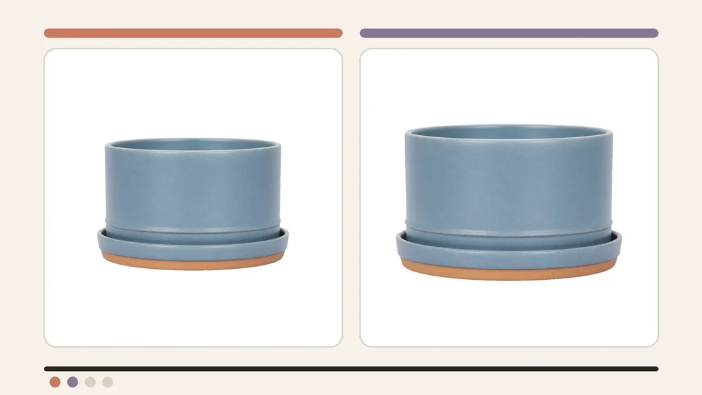Side-by-side experiment board showing the exact same fictional blue planter source at a smaller control scale and larger treatment scale