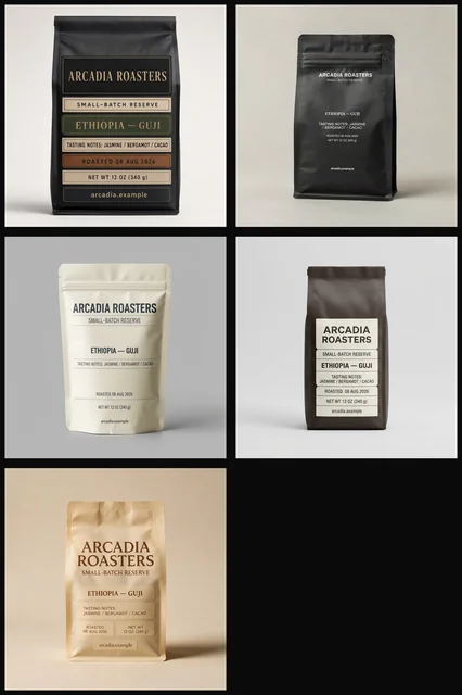 Five AI-generated coffee packages from the same seven-region text-rendering prompt