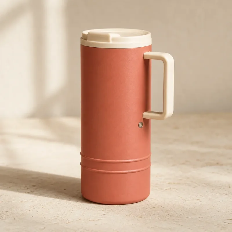 Faithful relight of the same fictional coral tumbler on pale limestone in warm window light