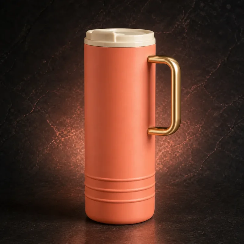 Intentionally misleading restyle of the fictional tumbler with gold handle, three ridges, brighter color, and no metal accent