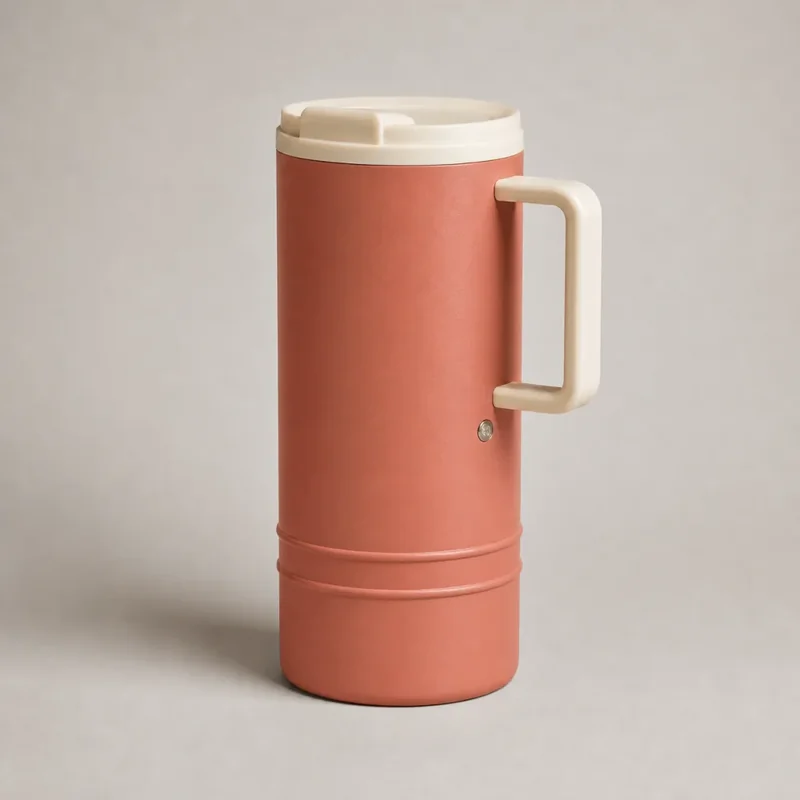 Synthetic reference image of a coral travel tumbler with cream lid and handle, two lower ridges, and a small metal accent
