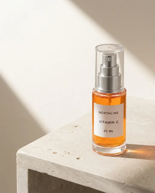 Rejected AI-generated NORTHLINE serum execution refresh on a bathroom shelf