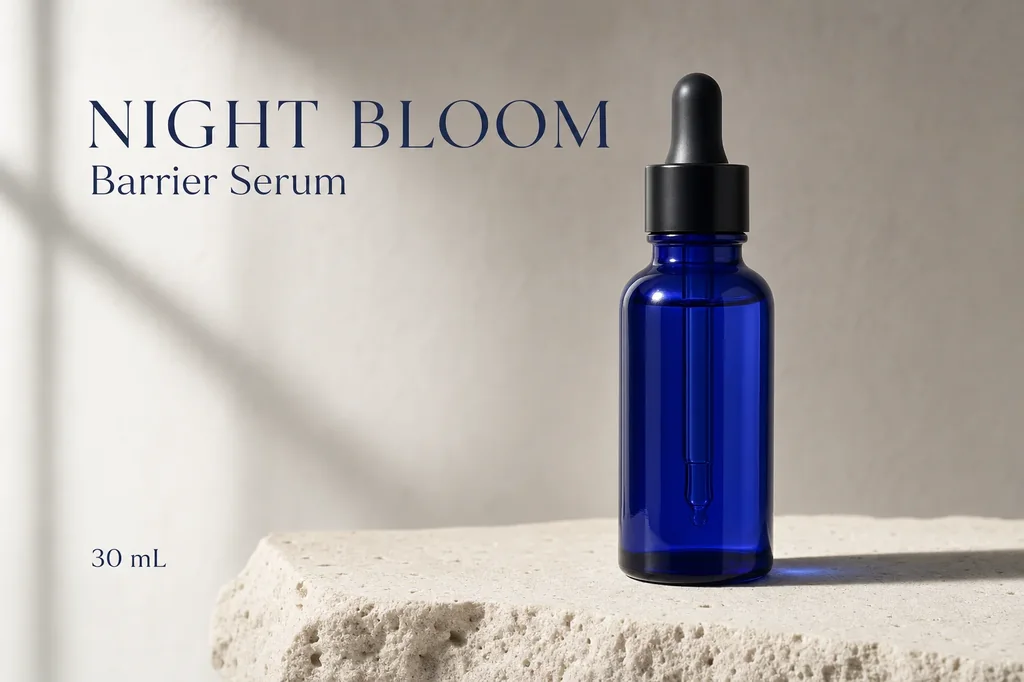 GPT Image 2 output for a Night Bloom cobalt serum poster with three exact text strings