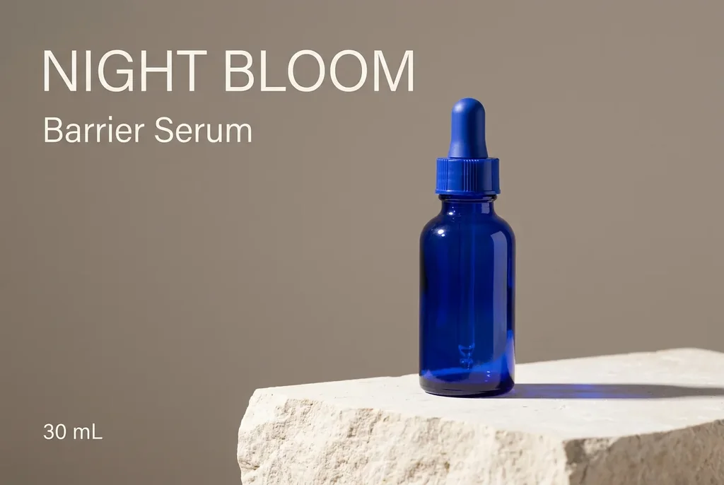 Nano Banana 2 output for a Night Bloom cobalt serum poster with three exact text strings