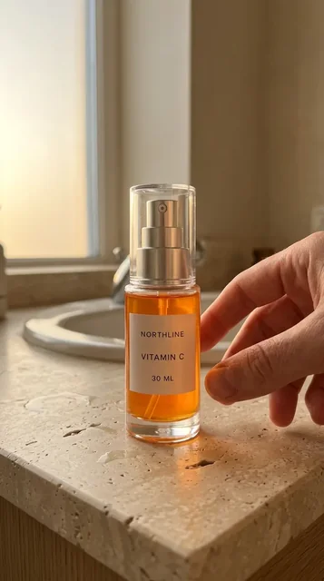 Vertical phone-style keyframe showing an adult hand reaching toward the exact NORTHLINE Vitamin C bottle on a bathroom counter