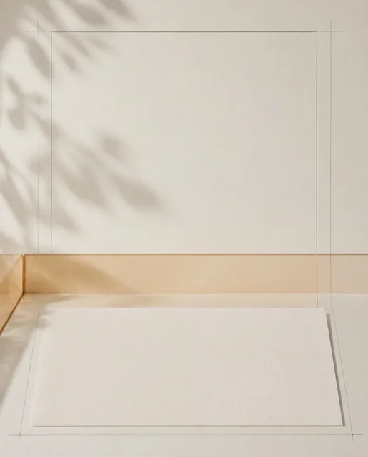 Empty AI-generated warm ivory PDP secondary-image background plate with amber accent and blank paper panel
