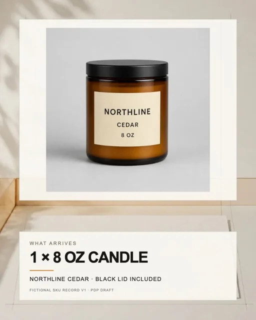 Fictional source-preserving NORTHLINE Cedar PDP secondary image stating one 8 ounce candle and black lid included