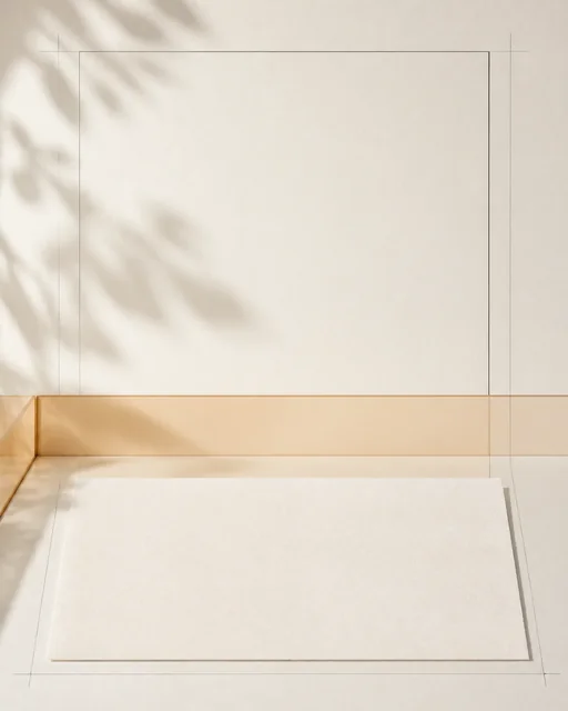 Empty warm-ivory PDP evidence-card style board with amber glass accent, paper texture, subtle grid, and no product or text