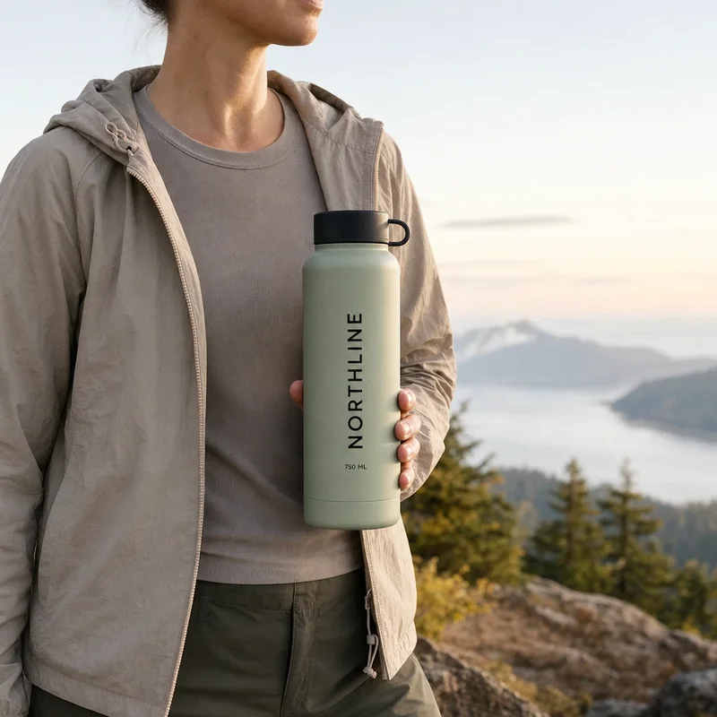 GPT Image 2 lifestyle candidate showing a person holding the fictional sage NORTHLINE bottle at an overlook