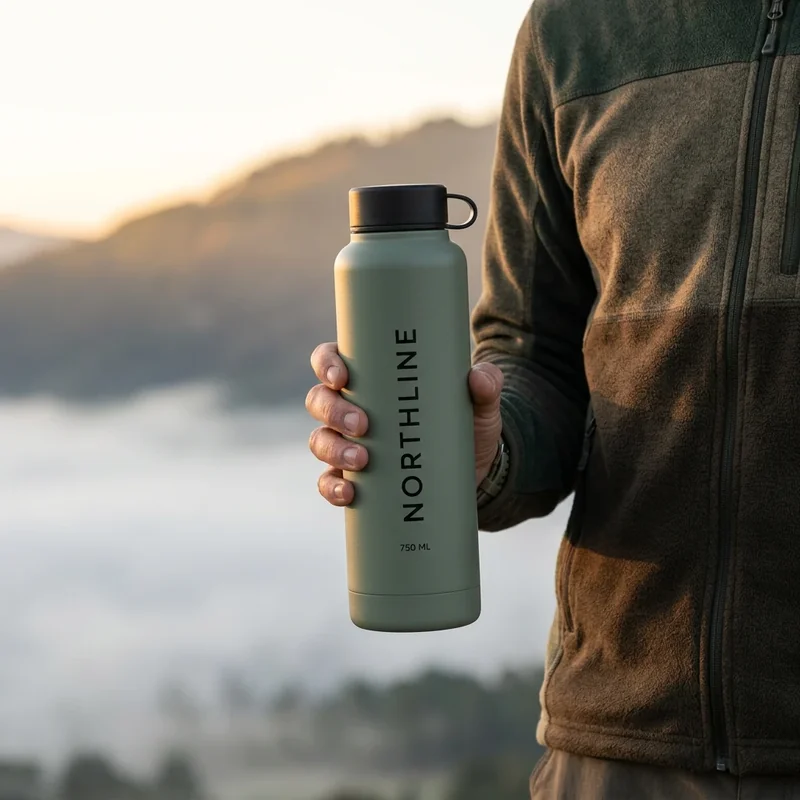 Nano Banana 2 lifestyle candidate showing a trail walker holding the fictional NORTHLINE bottle