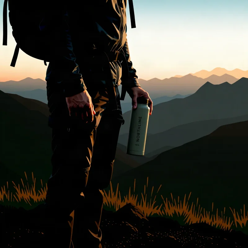 Stylized Qwen Image Edit Plus candidate with a hiker carrying the NORTHLINE bottle by its cap