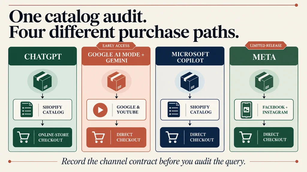 Four-lane Shopify Agentic channel contract showing ChatGPT routing to the merchant online-store checkout and Google, Copilot, and Meta routing to direct checkout when active