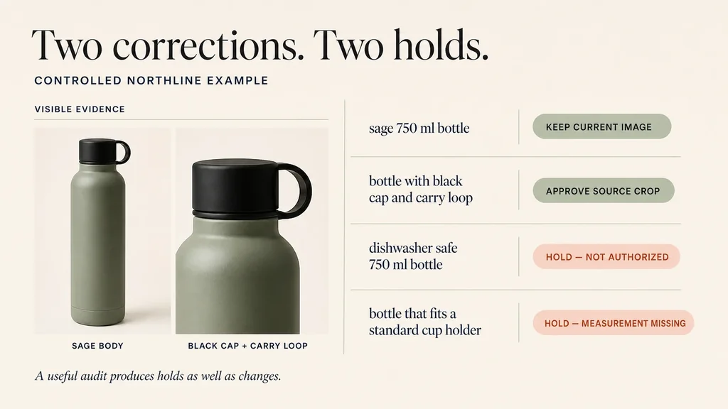 Controlled NORTHLINE evidence board keeping the current Sage image, approving a cap-and-loop crop, and holding dishwasher-safety and cup-holder claims