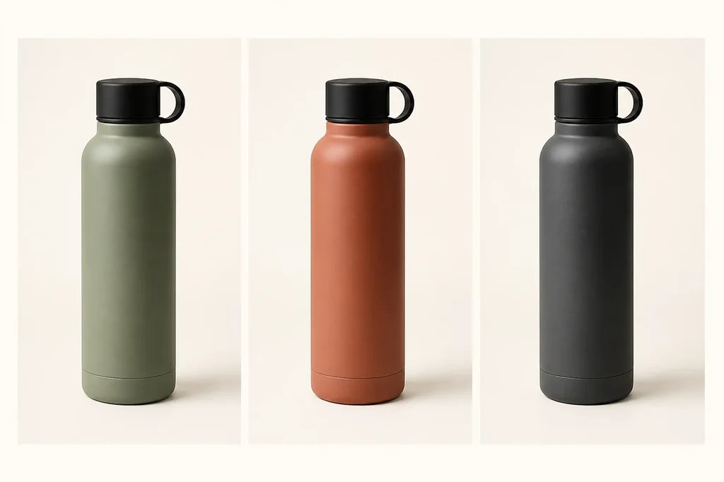 Controlled source sheet showing the same fictional insulated bottle in Sage, Clay, and Graphite color variants