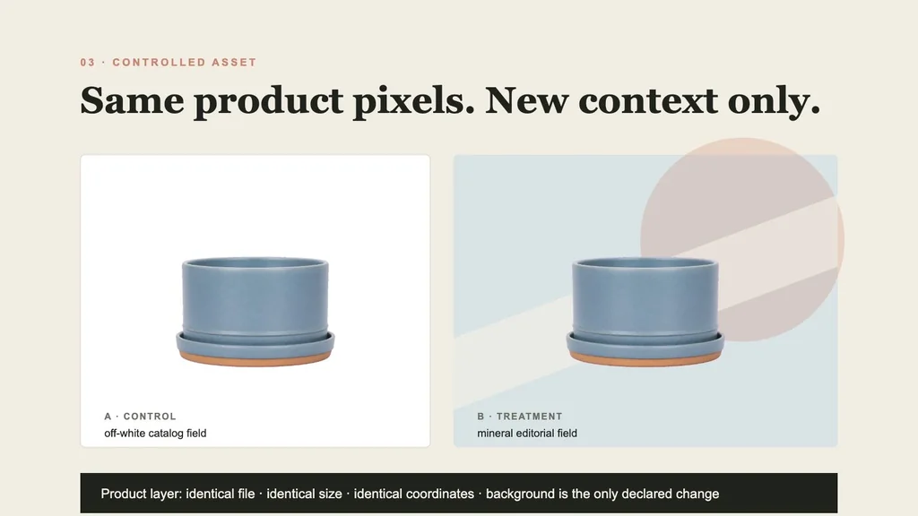 Side-by-side Shopify product-image control and treatment using the identical planter product layer with only the background changed