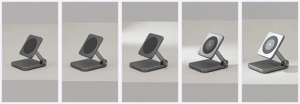 Five-frame review of a rejected Kling O3 product video showing progressive charging-plate drift