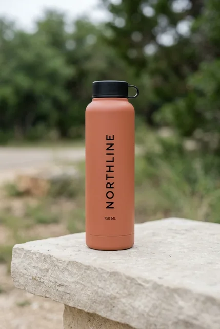 Clay NORTHLINE 750 ml bottle secondary Shopify image on a pale stone trailhead bench