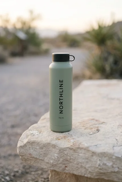 Sage NORTHLINE 750 ml bottle secondary Shopify image on a pale stone trailhead bench