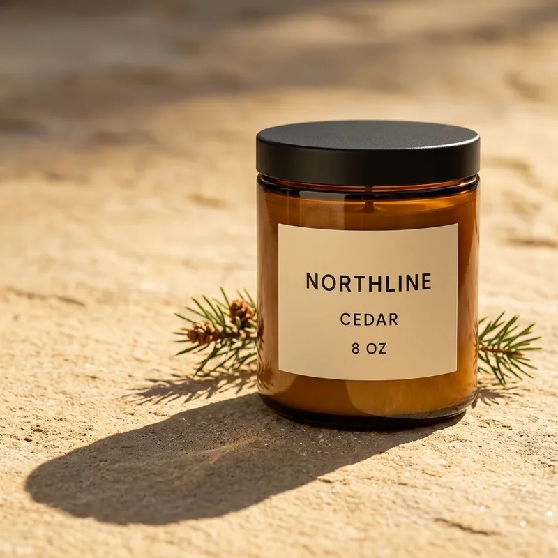 Square paid-social candidate with the NORTHLINE CEDAR candle on warm stone beside a cedar sprig