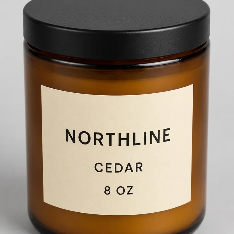 Close product detail candidate showing the NORTHLINE CEDAR candle label, amber glass, and black lid