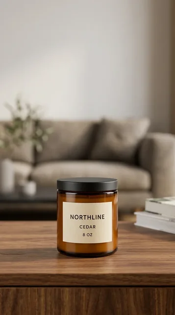 Vertical social-story candidate with the NORTHLINE CEDAR candle on a walnut console in a living room