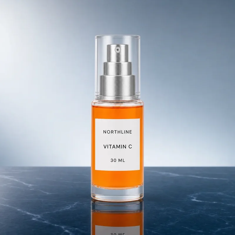 GPT Image 2 serum bottle edit on a pale blue-gray reflective stone surface