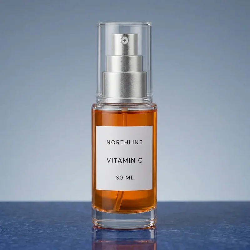 First Nano Banana 2 transparent serum bottle edit on a blue reflective surface