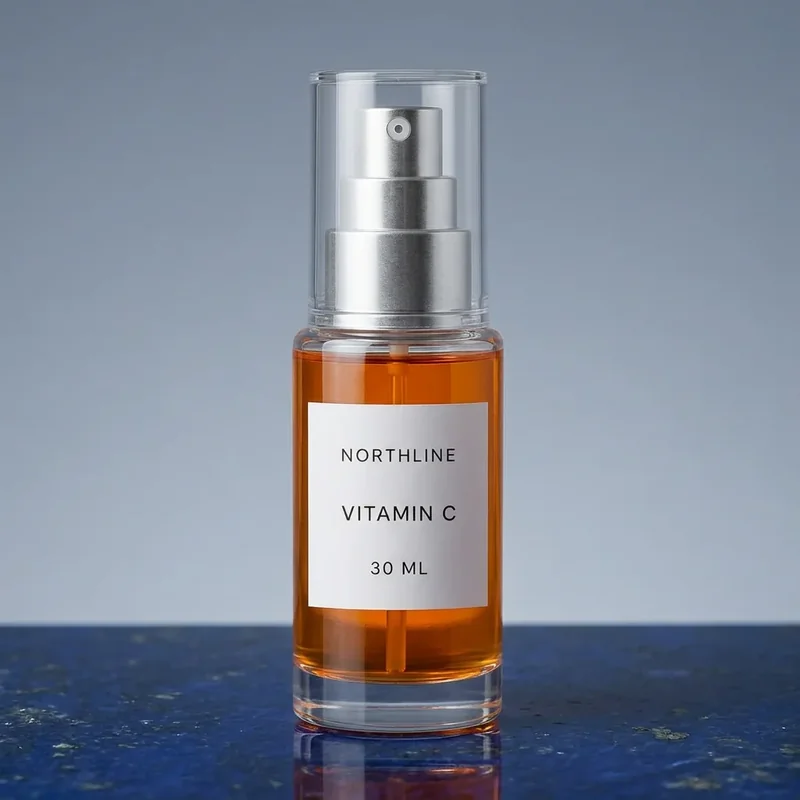 Second Nano Banana 2 clear serum bottle edit on dark cobalt stone